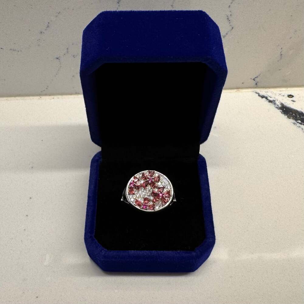 S925 Silver Pink Floral Cluster Pavé Statement Cocktail Ring NWOT Size 7.5